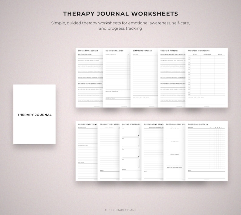May include: A white therapy journal with the text "THERAPY JOURNAL" is displayed next to several open worksheets. The worksheets include sections for stress management, behavior tracking, and emotional self-assessment. The text "THERAPY JOURNAL WORKSHEETS" is at the top.