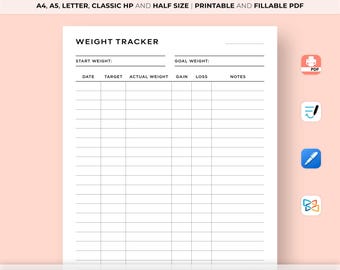 Weight Tracker Printable, Weight Loss Planner, Weight Goal Tracker, Weight Record Template, A4/A5/Letter/Classic/Half, Instant Download PDF