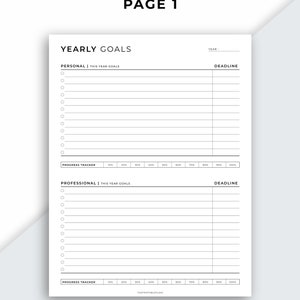 May include: A printable yearly goals planner with sections for personal and professional goals. Each section has a progress tracker and space to list goals and deadlines.