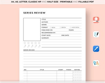 Book Series Review Template, Book Review Template, Book Review Planner, Book Series Tracker, A4/A5/Letter/Classic HP/Half Size
