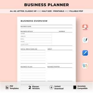 Könnte beinhalten: Eine schwarz-weiße druckbare Businessplan-Vorlage mit dem Titel "Business Planner" und "Business Overview". Die Vorlage enthält Abschnitte für Firmenname, Inhaber, Website, E-Mail, Telefon, Startdatum, Social-Media-Handling, Über uns, Unternehmenswerte und Unternehmensleitsatz.