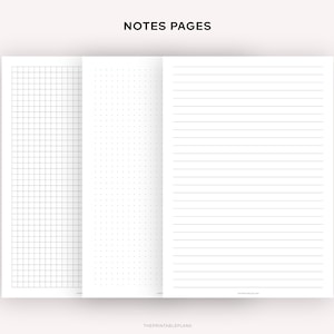 May include: Three printable note pages: a grid, a dotted, and a lined page. The pages are all white with black lines.