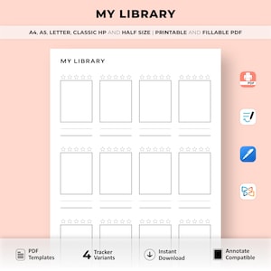 Registro de libros de mi biblioteca, Libros que tengo, Libros que poseo, Rastreador de libros, Lista de libros, Rastreador de lectura imprimible, A4/A5/Carta/Clásico HP/Medio tamaño
