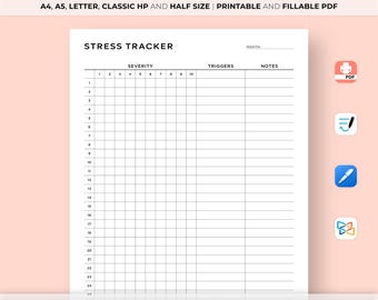 Stress Tracker Printable, Monthly Stress Log, Stress Severity Tracker, Stress Tracker Journal, Mental Health Care, A4/A5/Letter/Classic/Half