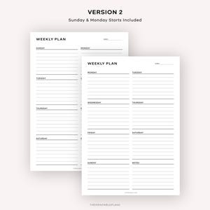 May include: A printable weekly planner with two pages. The first page has a column for each day of the week, starting with Sunday. The second page has columns for Monday through Thursday, and then a column for Friday and Saturday combined. Both pages have a section for notes.