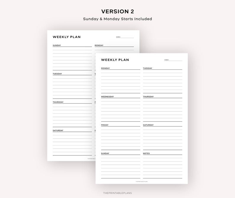 May include: A printable weekly planner with two pages. The first page has a column for each day of the week, starting with Sunday. The second page has columns for Monday through Thursday, and then a column for Friday and Saturday combined. Both pages have a section for notes.