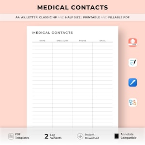 Medical Contacts List Template, Healthcare Contacts, Doctor Contacts, Contact Log, Health, Fitness, A4/A5/Letter/Classic/Half, Printable PDF