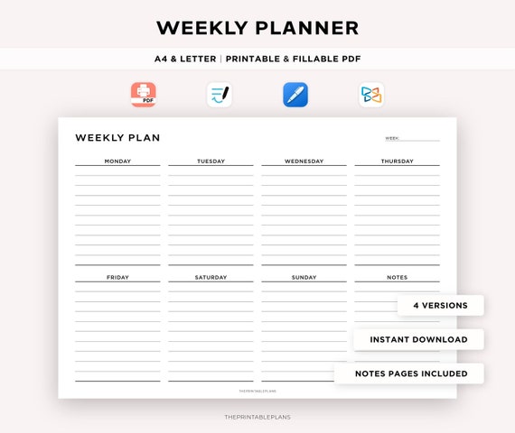 Weekly Planner Printable Landscape, Minimalist Weekly Schedule, Week At a Glance, Weekly Organizer, To do List, Office Planner,  A4/Letter
