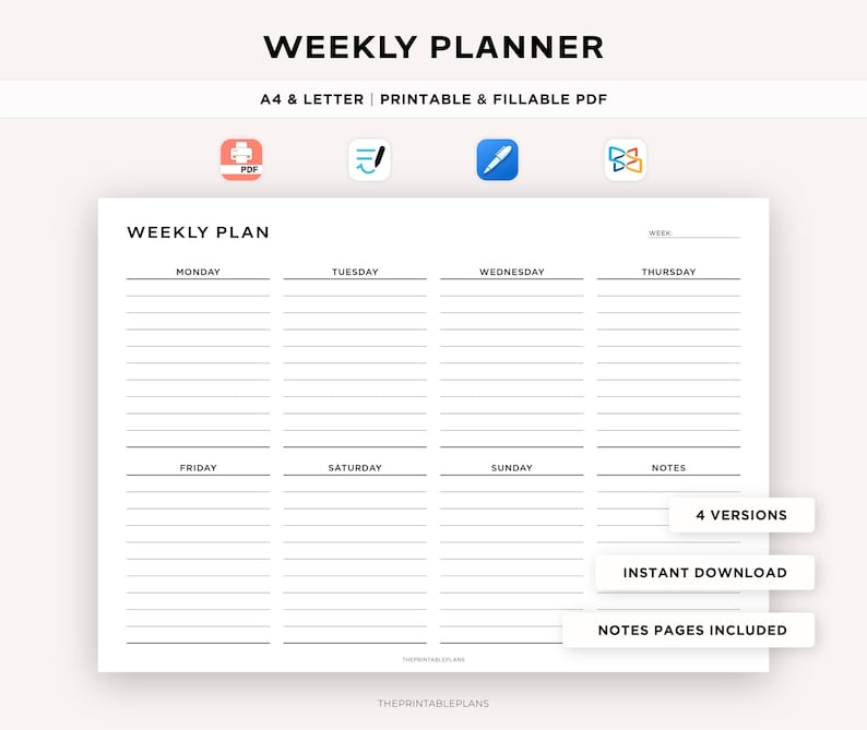 May include: A printable weekly planner in black and white with a simple design. The planner is divided into seven days of the week, with space for notes. The planner is available in four versions and includes notes pages.