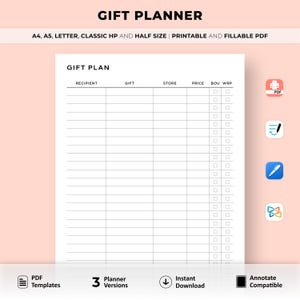 Planejador de presentes simples para impressão, rastreador de presentes, ideias para presentes, lista de compras, presente de aniversário de feriado, A4/A5/Carta/Classic HP/tamanho médio