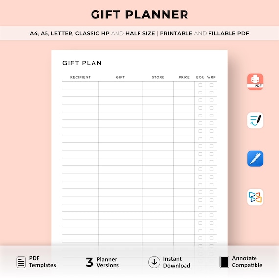 Simple Gift Planner Printable, Gift Tracker, Gift Ideas, Shopping List, Holiday Birthday Anniversary Gift, A4/A5/Letter/Classic HP/Half size