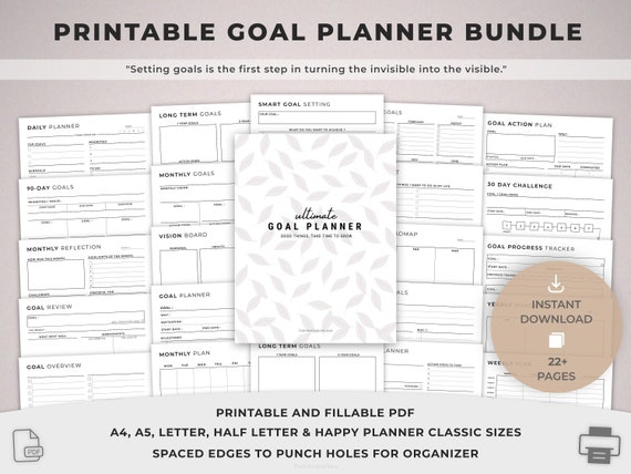 Printable Goal planner bundle, Daily, Weekly, Monthly, Quarterly, Yearly Goals, SMART Goal, New Year Resolution, Reflections, Vision board