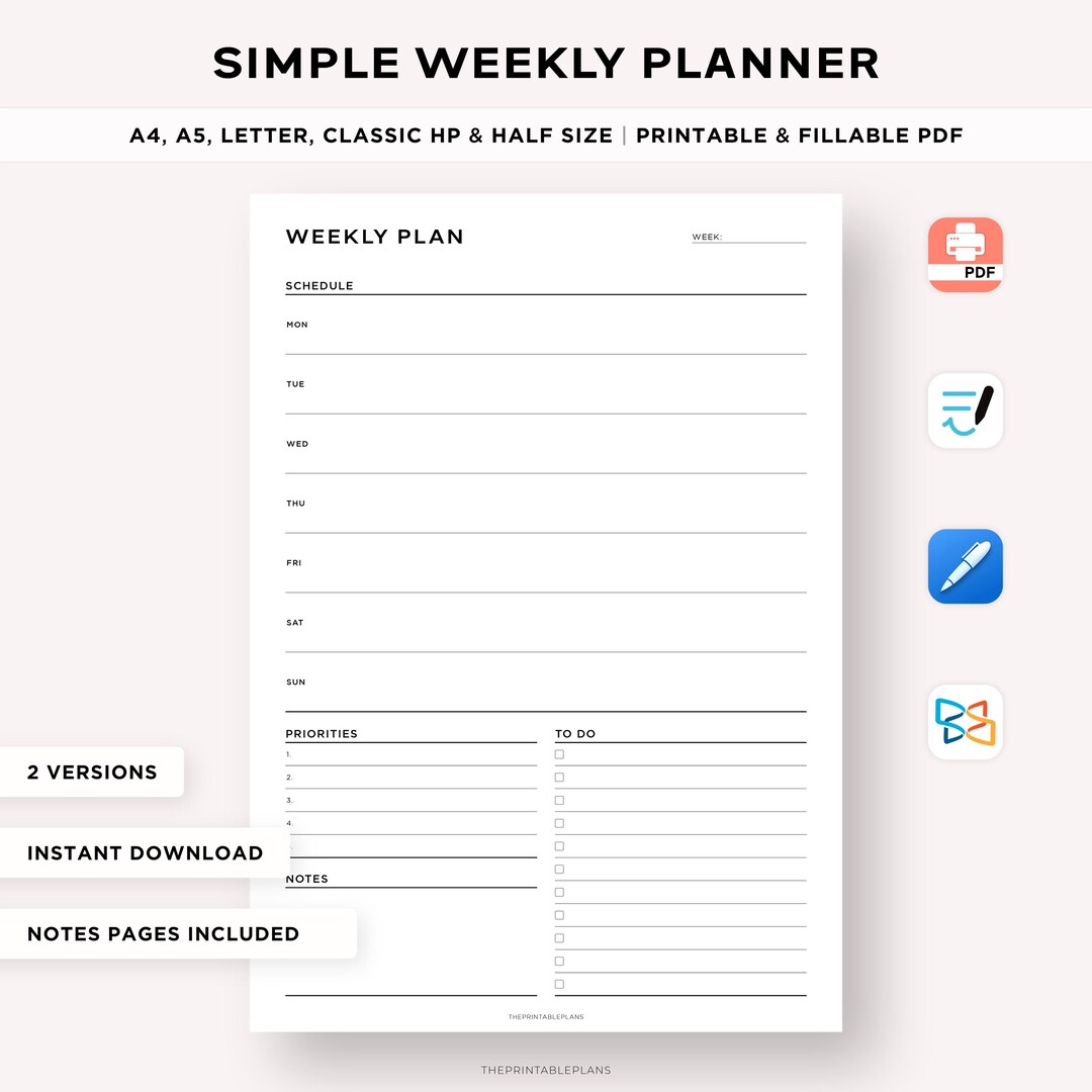Simple Weekly Planner Printable, Weekly Agenda, Weekly Organizer ...
