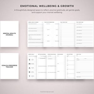 May include: A white Mental Health Journal and Goals & Progress Tracker are displayed. The journal and tracker are open to show lined pages for writing. The image also shows pages with prompts for positive affirmations, daily gratitude, and goal setting.