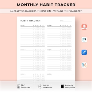 Monthly Habit Tracker Printable, Habit Tracker Template, Routine Tracker, Goal Tracker, 30 Day Habit Challenge, A4/A5/Letter/Classic/Half