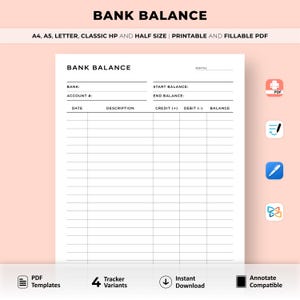 Bank Balance Sheet Printable, Bank Account Transactions Tracker, Bank Account Log,  Finance Log, Income & Spending Tracker, Instant Download