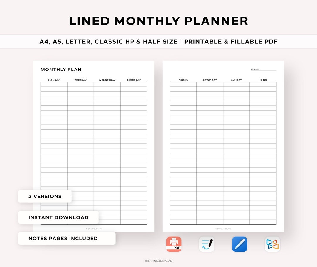 Undated Lined Monthly Planner Printable, Month on Two Pages, Month at a ...