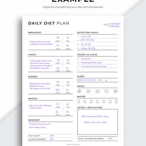 May include: A printable daily diet plan template with sections for breakfast, lunch, dinner, snacks, workout, sleep, mood, water, and notes. The template includes a date, nutrition goals, foods to avoid, and a section for tracking calories burned. The template is designed to help people organise and optimise their daily diet.