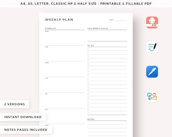 May include: A white weekly planner with the text "WEEKLY PLANNER" at the top. The planner includes sections for scheduling, a to-do list, and notes. The text "A4, A5, LETTER, CLASSIC HP & HALF SIZE | PRINTABLE & FILLABLE PDF" is also visible.