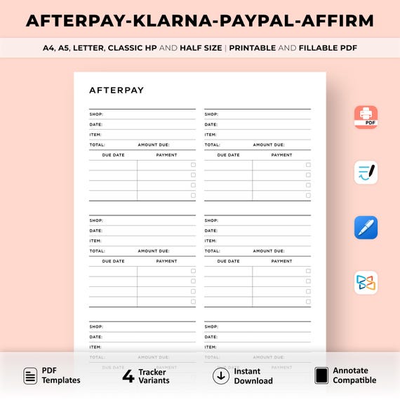 Afterpay, Klarna & Paypal Tracker Printable, Online Shopping, Payment Due Template, Buy Now Pay Later Tracker, Budget Plan, Instant Download