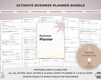 May include: A collection of printable business planner pages, including business plans, product plans, and social media plans. The central planner is titled "Business Planner". The bundle includes over 55 pages and is available in various sizes.