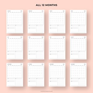 May include: A set of twelve undated monthly calendar pages, each with a grid layout for the days of the month, a space for notes, and the year 2026. The text "ALL 12 MONTHS" is at the top. The bottom of the image has the text "THEPRINTABLEPLANS".