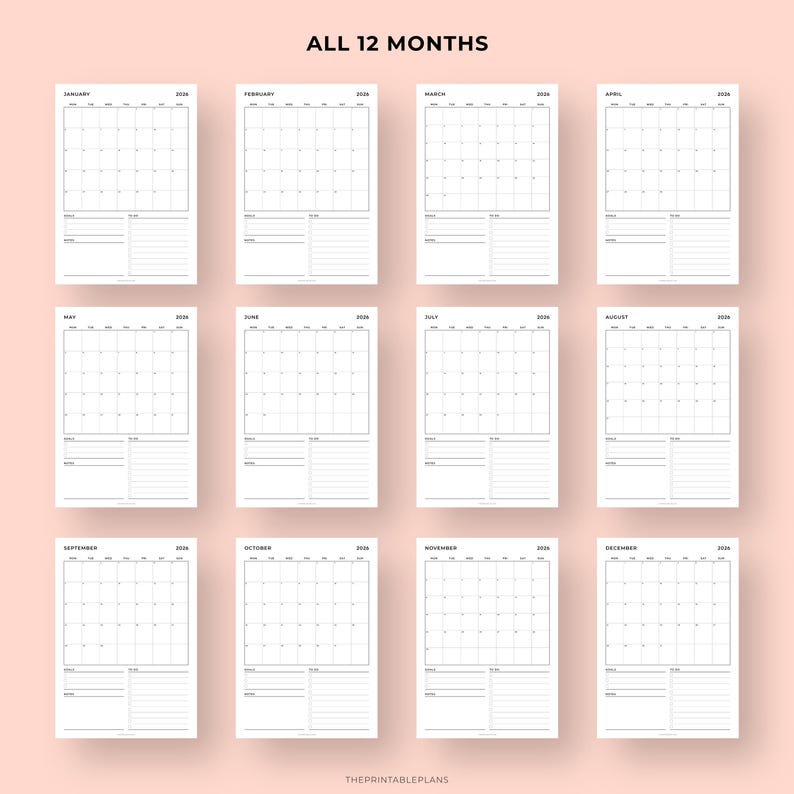 May include: A set of twelve undated monthly calendar pages, each with a grid layout for the days of the month, a space for notes, and the year 2026. The text "ALL 12 MONTHS" is at the top. The bottom of the image has the text "THEPRINTABLEPLANS".