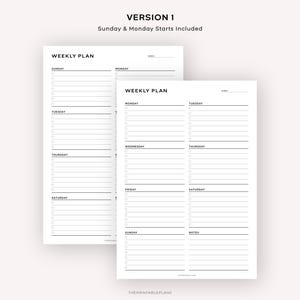 May include: A printable weekly planner with two pages. The first page has a column for each day of the week, starting with Sunday. The second page has a column for each day of the week, starting with Monday. Both pages have a section for notes.