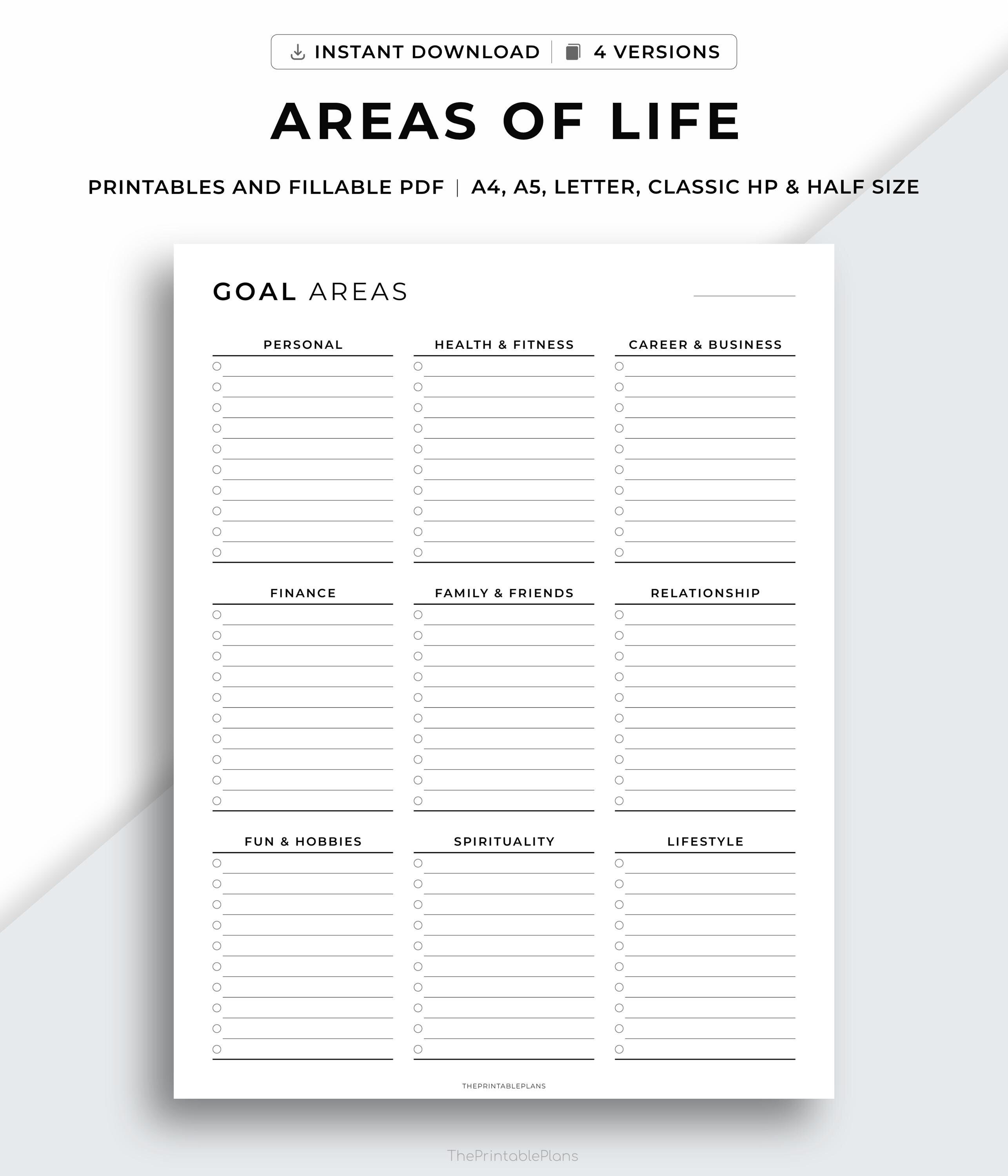 9 Areas of Life Planner Printable, Goal Planner, Goal Setting
