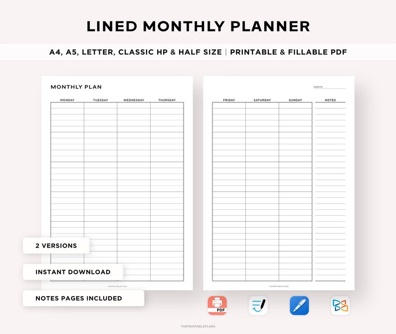 Lined Monthly Planner Printable, Month on 2 Pages, Monthly Calendar