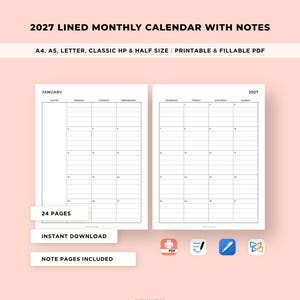 May include: A 2027 lined monthly calendar with notes, featuring a printable and fillable PDF layout for January. The document includes 24 pages, note pages, and is available in A4, A5, letter, classic HP, and half sizes with a grid design.