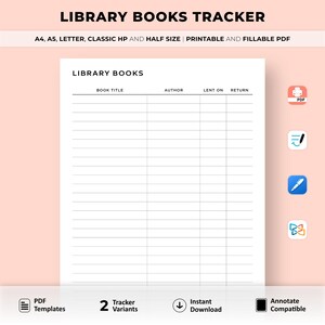 Registro de libros de la biblioteca, registro de libros imprimible, devolución de libros de la biblioteca, registro de lectura, registro de la biblioteca, tamaño A4/A5/Carta/Clásico/Media página