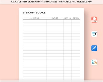 Library Book Tracker, Printable Book Log, Library Book Return, Reading Tracker, Reading Log, Library Log, A4/A5/Letter/Classic/Half Size
