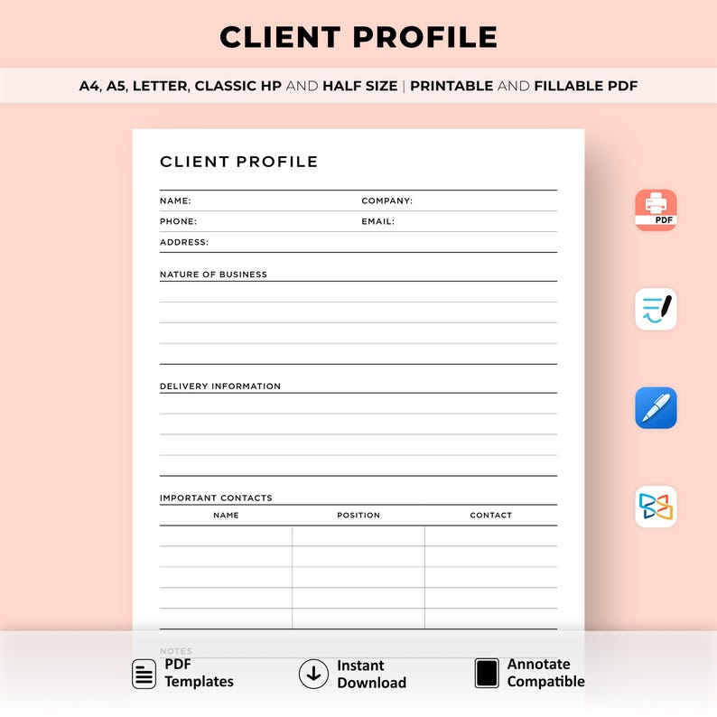 Business Client Profile Template, Client Log, B2B Client Information ...