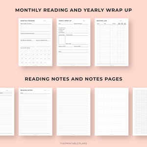May include: A collection of printable planner pages with headings "Monthly Reading and Yearly Wrap Up" and "Reading Notes and Notes Pages". The pages are white with black text and include sections for tracking reading progress and notes.