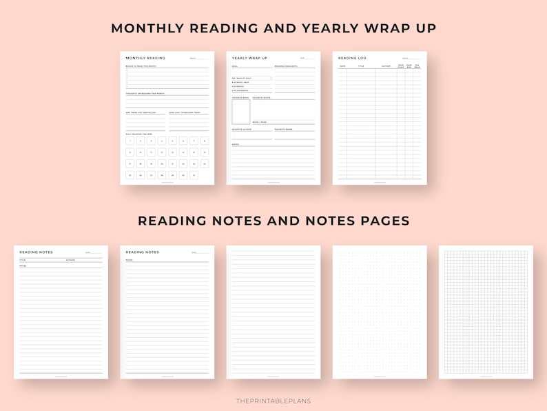 May include: A collection of printable planner pages with headings "Monthly Reading and Yearly Wrap Up" and "Reading Notes and Notes Pages". The pages are white with black text and include sections for tracking reading progress and notes.