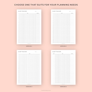 Puede incluir: Se muestran cuatro plantillas blancas de seguimiento del sue&ntilde;o con diferentes dise&ntilde;os sobre un fondo rosa claro. Cada plantilla est&aacute; etiquetada con un n&uacute;mero de versi&oacute;n e incluye el texto "Sleep Tracker" en la parte superior. El texto "CHOOSE ONE THAT SUITS FOR YOUR PLANNING NEEDS" est&aacute; en la parte superior.