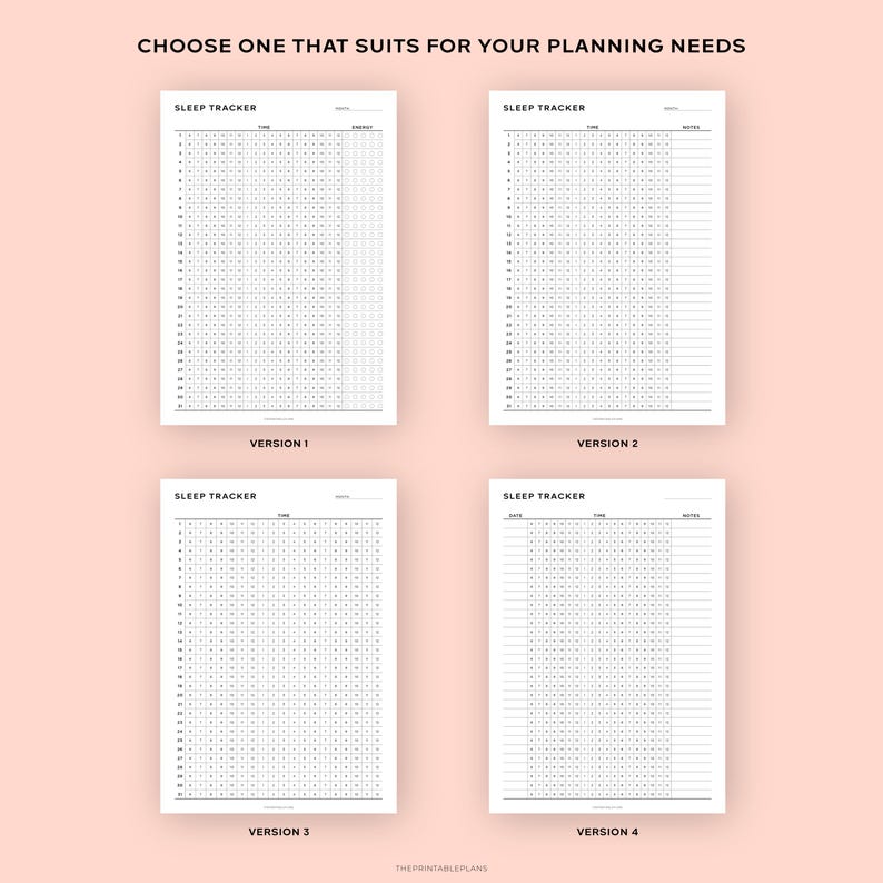Puede incluir: Se muestran cuatro plantillas blancas de seguimiento del sue&ntilde;o con diferentes dise&ntilde;os sobre un fondo rosa claro. Cada plantilla est&aacute; etiquetada con un n&uacute;mero de versi&oacute;n e incluye el texto "Sleep Tracker" en la parte superior. El texto "CHOOSE ONE THAT SUITS FOR YOUR PLANNING NEEDS" est&aacute; en la parte superior.