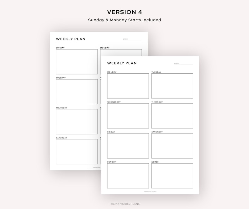 May include: Printable weekly planner template with two pages. The first page has a section for each day of the week, starting with Sunday. The second page has a section for each day of the week, starting with Monday. Both pages have a section for notes.