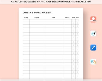 Online Purchases Tracker Printable, Order Tracker Template, Shopping List, Items to Buy, Spending sheet, A4/A5/Letter/Classic/Half Size
