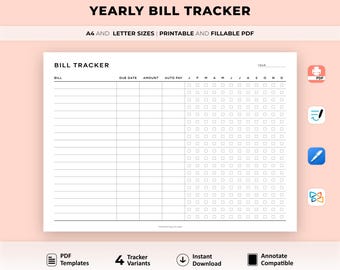 Yearly Bill Tracker Printable, Bill Payment Checklist, Bill Organizer, Finance Planner, A4/Letter Size, Instant Download, Landscape PDF