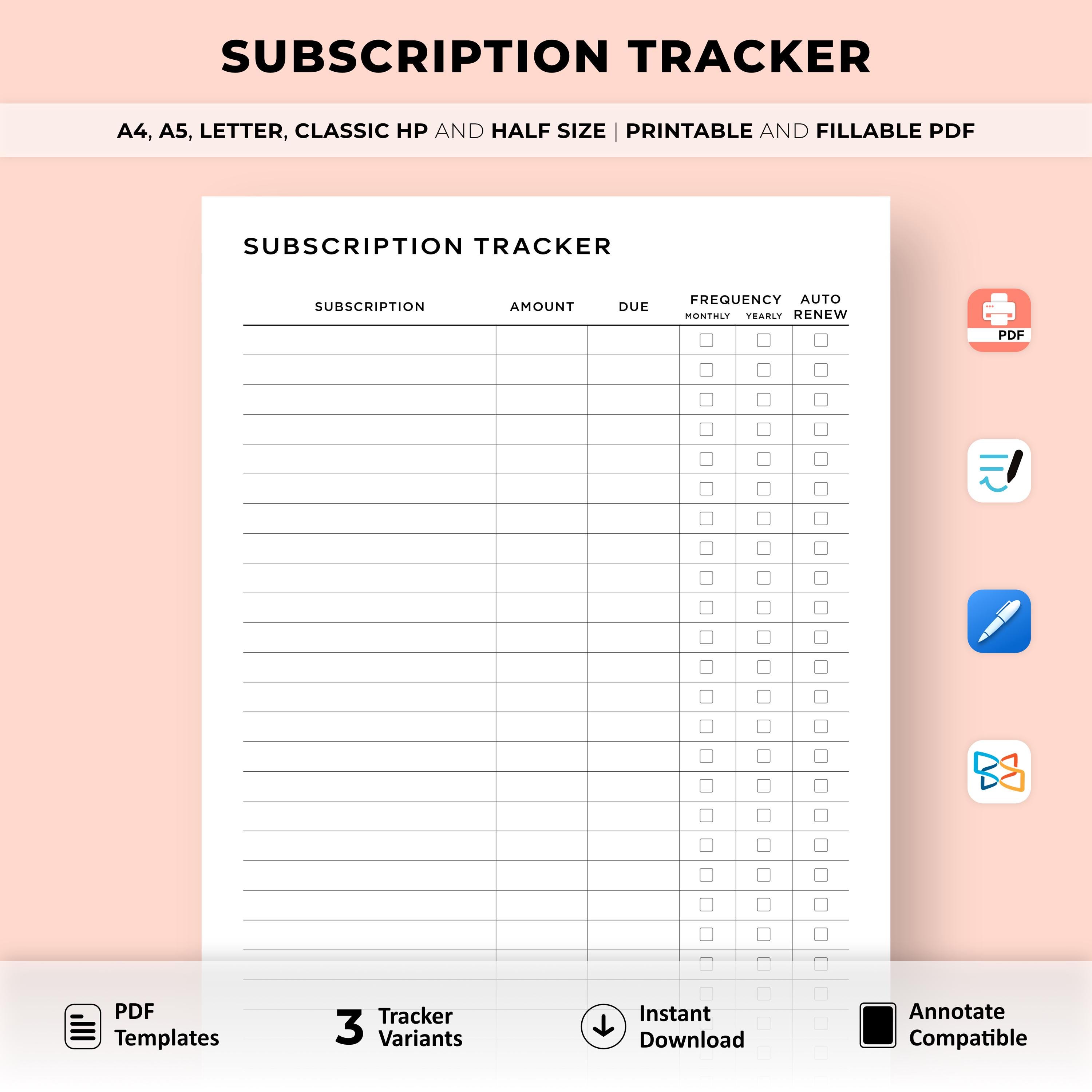 Subscription Tracker Printable, Membership Tracker, Subscription Checklist, Expense Tracker, Budget Template, A4/A5/Letter/Classic/Half Size
