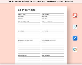 Doctor Visits Planner Printable, Doctor Appointment Log, Health Record List Worksheet, Symptom Log, Wellness Journal, A4/A5/Letter/HP/Half