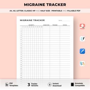 Op de afbeelding: Een printbare migraine tracker met kolommen voor ernst, duur, trigger en notities. De tracker is ontworpen voor een maand en heeft 24 rijen voor dagelijkse vermeldingen.