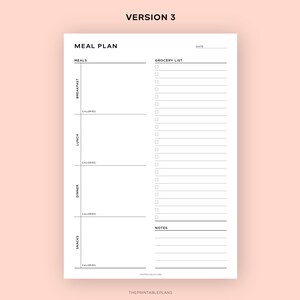 May include: A printable meal planner with sections for breakfast, lunch, dinner, and snacks. It includes a grocery list and notes section. The planner has a black and white design with a simple, modern aesthetic.