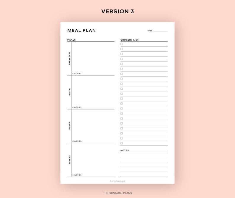 May include: A printable meal planner with sections for breakfast, lunch, dinner, and snacks. It includes a grocery list and notes section. The planner has a black and white design with a simple, modern aesthetic.