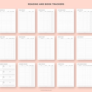 May include: A collection of printable reading and book trackers on a light pink background. The trackers include reading logs, book wishlists, and trackers for finished, unfinished, and books to read. The text "READING AND BOOK TRACKERS" is at the top.