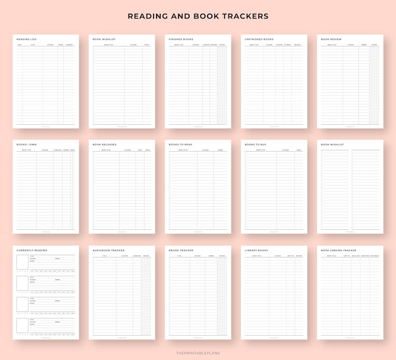 May include: A collection of printable reading and book trackers on a light pink background. The trackers include reading logs, book wishlists, and trackers for finished, unfinished, and books to read. The text "READING AND BOOK TRACKERS" is at the top.
