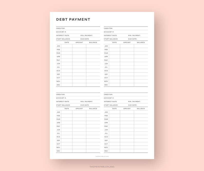 May include: A printable debt payment tracker with sections for creditor, account number, interest rate, minimum payment, start balance, due date, date, amount, and balance. The tracker is designed to help you track your debt payments and stay on top of your finances.