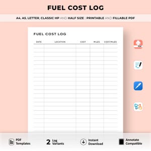 Rastreador de costos de combustible imprimible, costo de combustible del vehículo por milla, rastreador de gastos de combustible, registro de costos de combustible, A4/A5/carta/HP clásico/tamaño medio rellenable en PDF